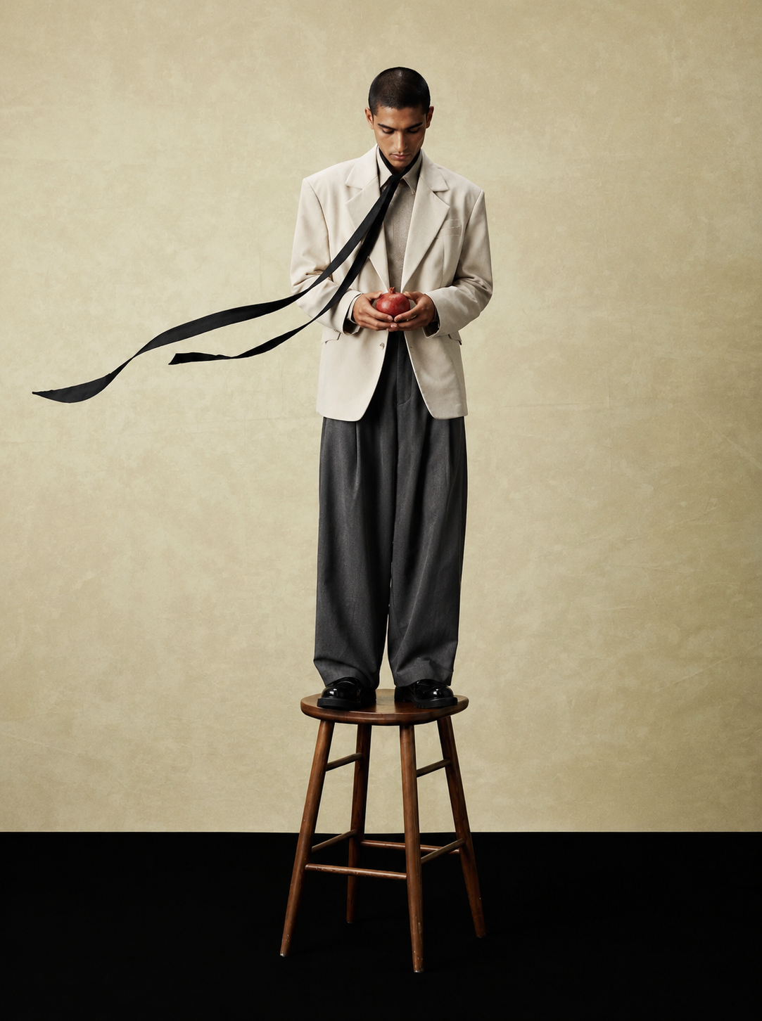 Man in a cream blazer holding a pomegranate, standing on a stool