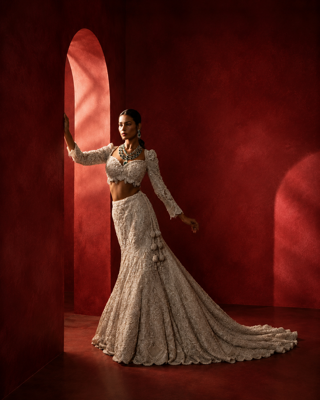 Bridal lehenga in beaded lace, lit within a red archway