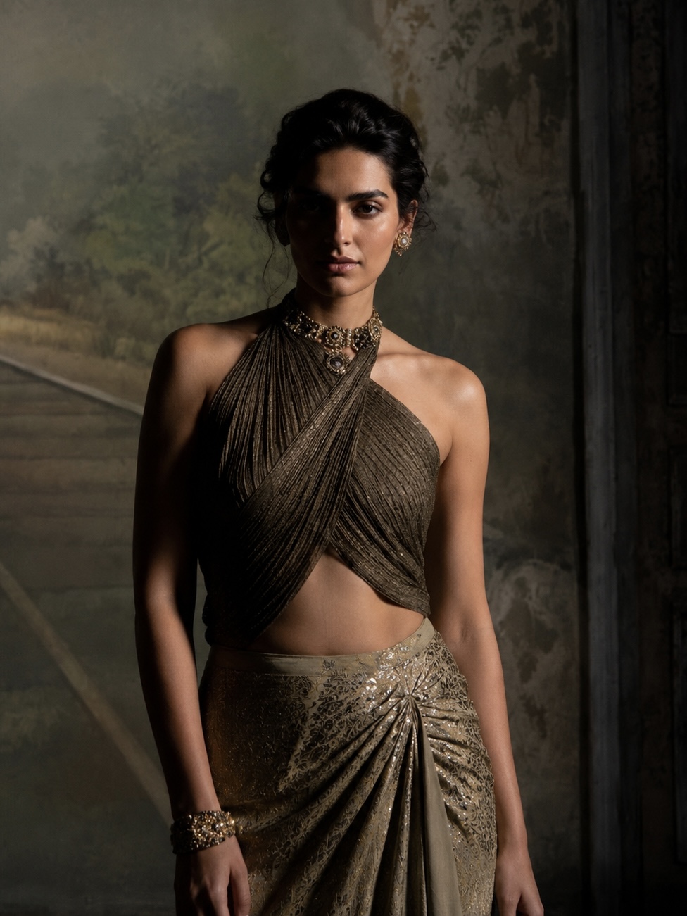 Portrait in a gold draped halter saree against a painted backdrop