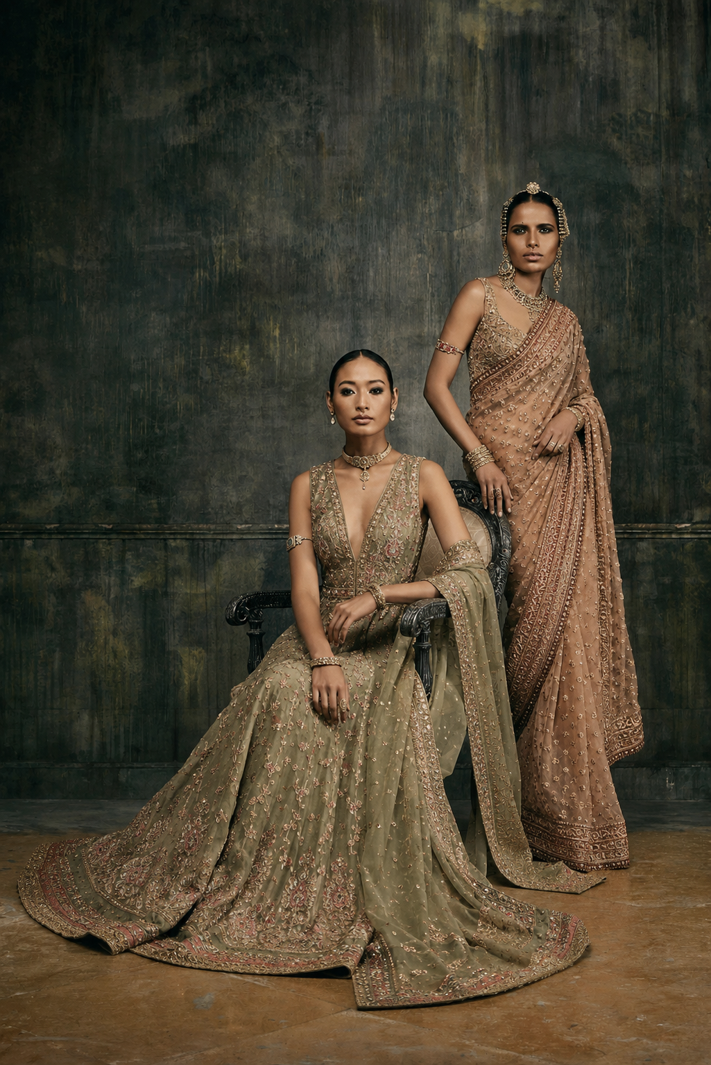 Two models in embroidered bridal couture against an aged backdrop