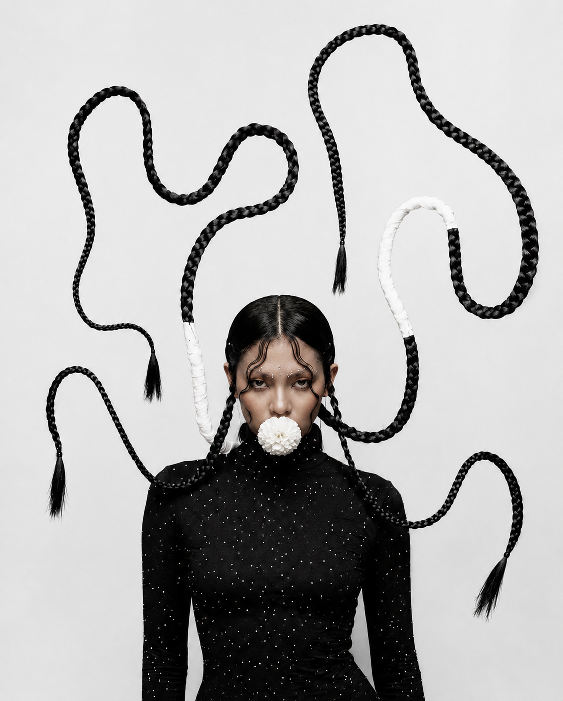 Portrait with sculptural braided hair and a flower at the lips