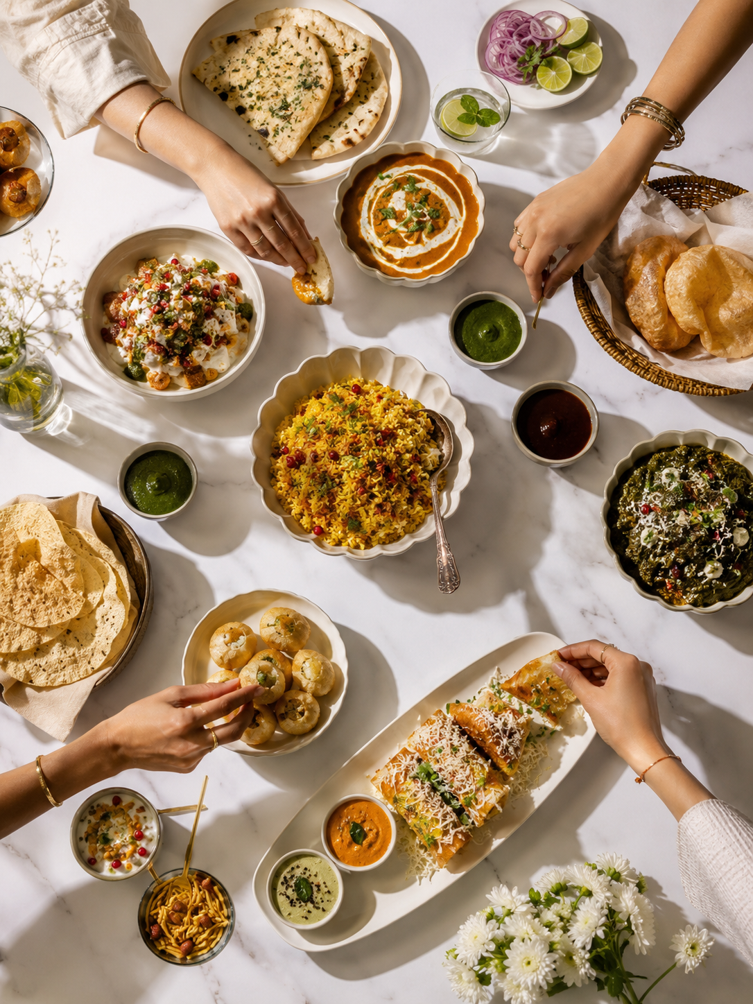 Overhead chaat spread shared by many hands