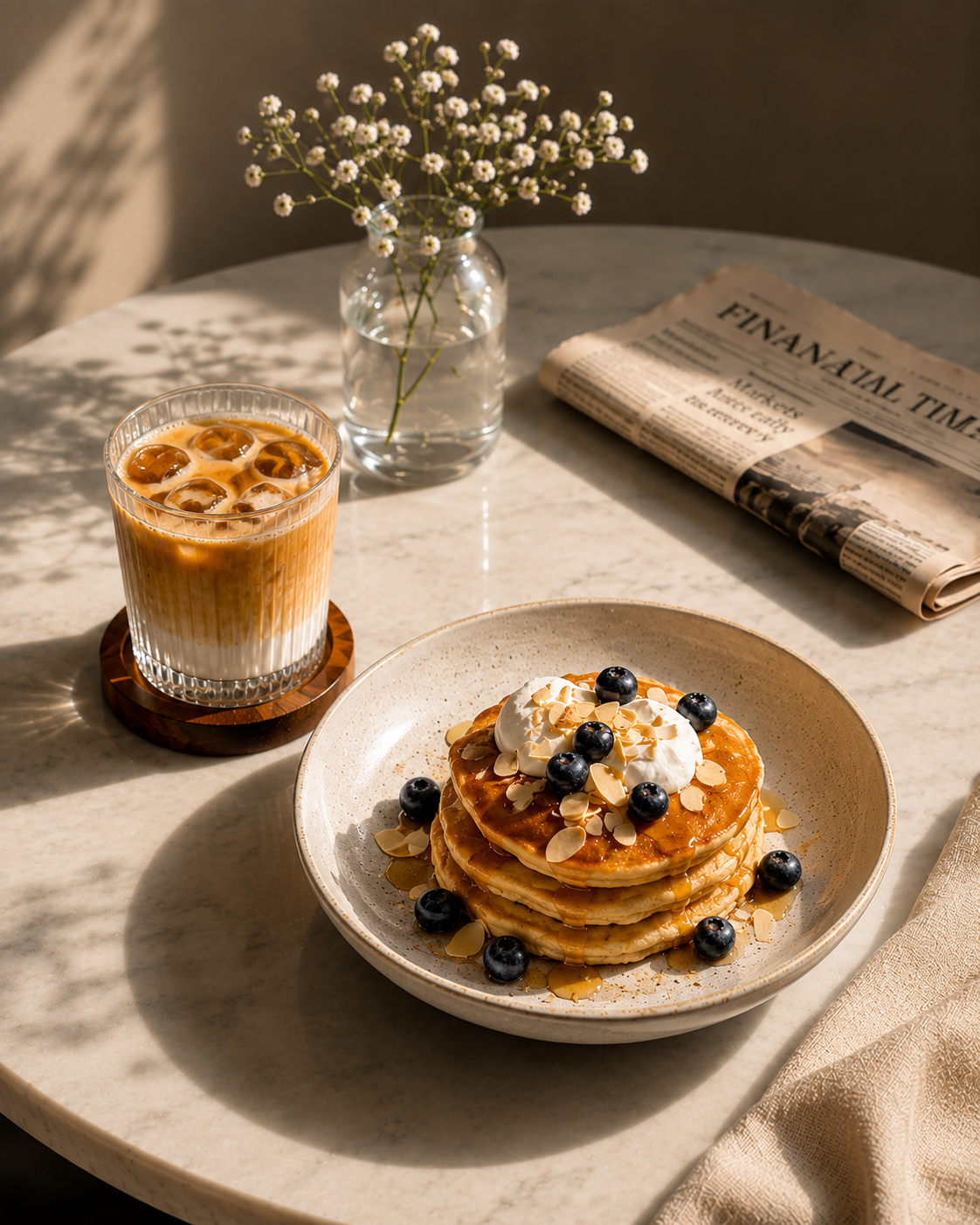 Blueberry pancakes with iced coffee