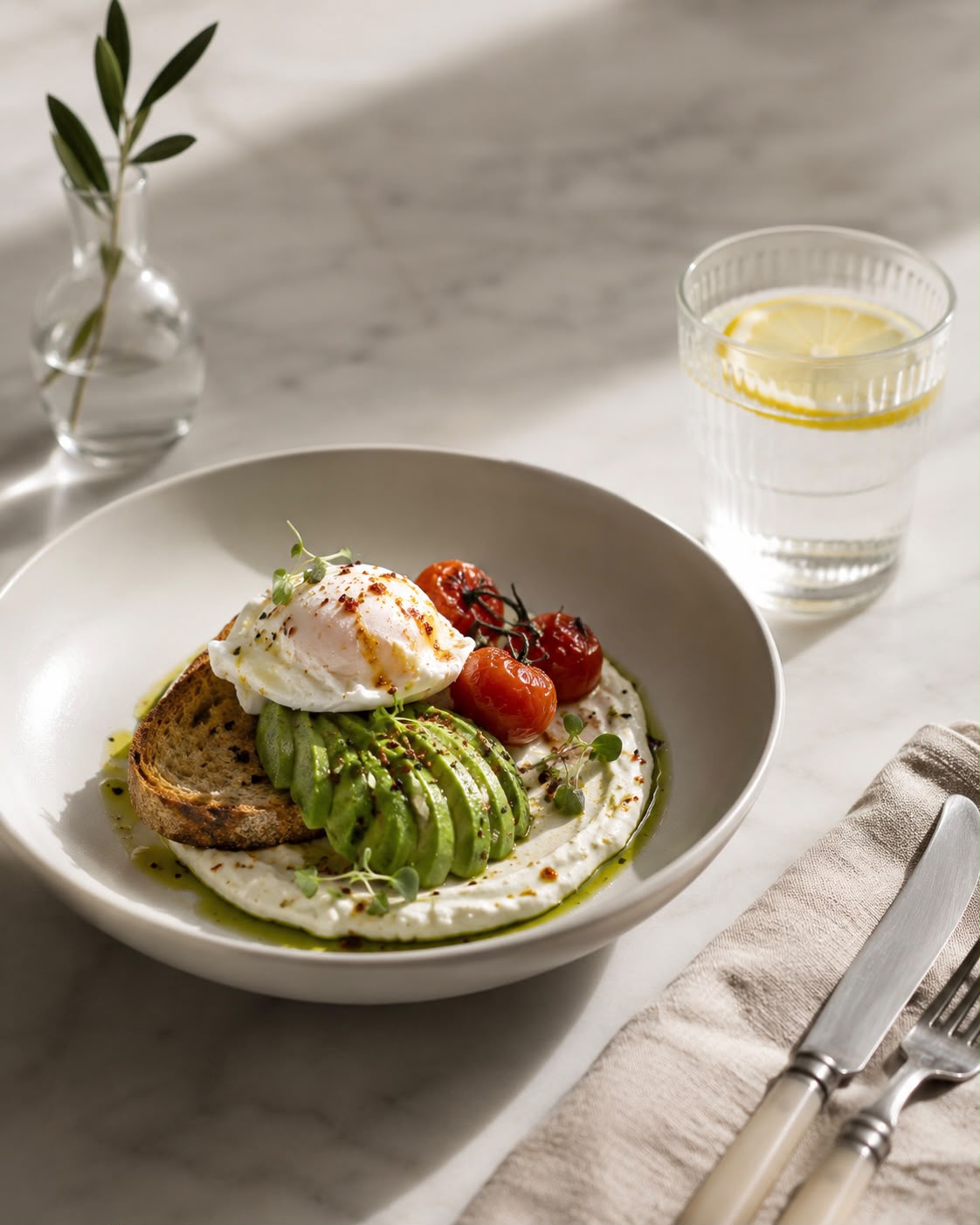 Poached egg & avocado toast on marble