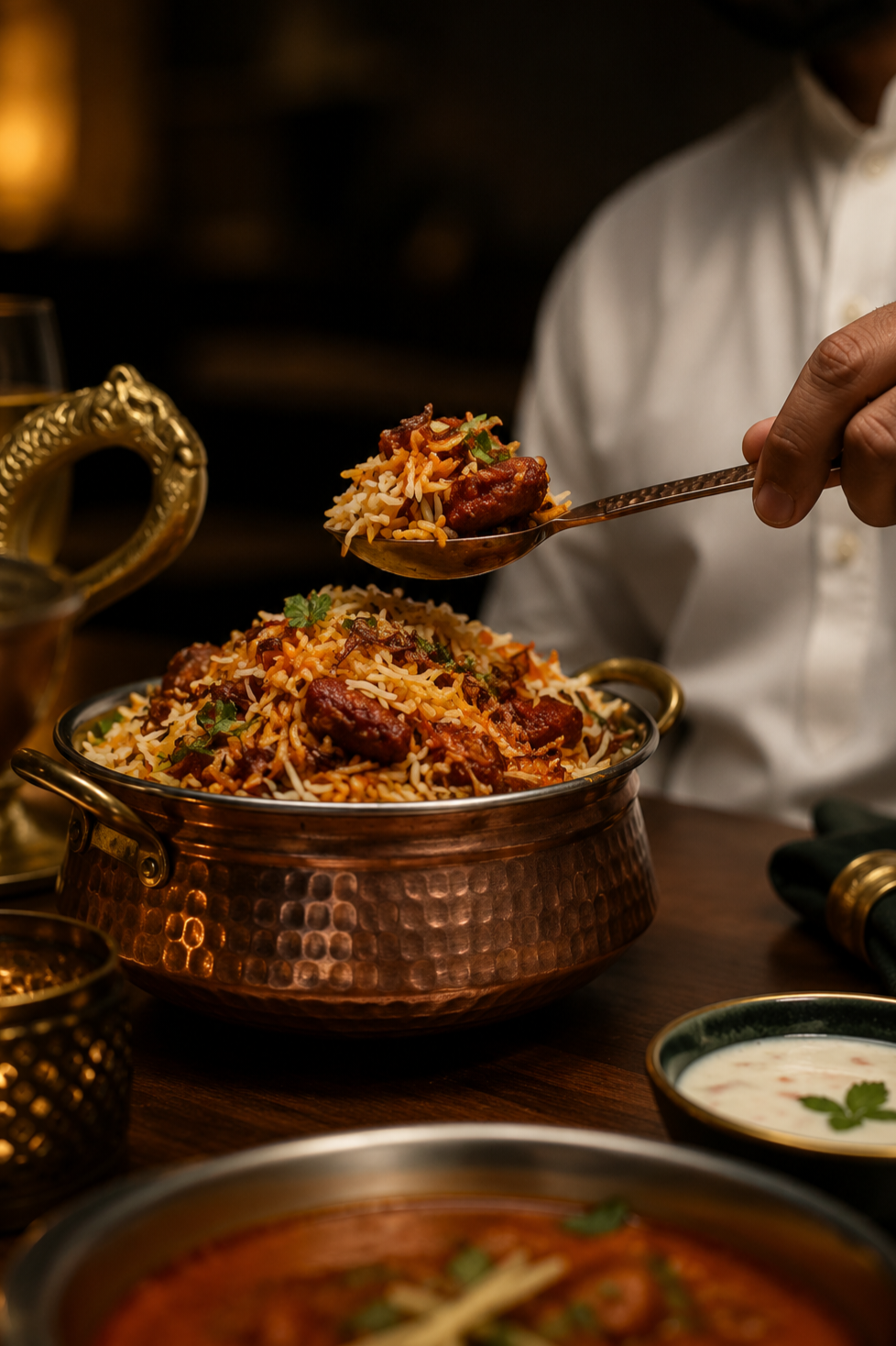 Biryani served from a copper handi