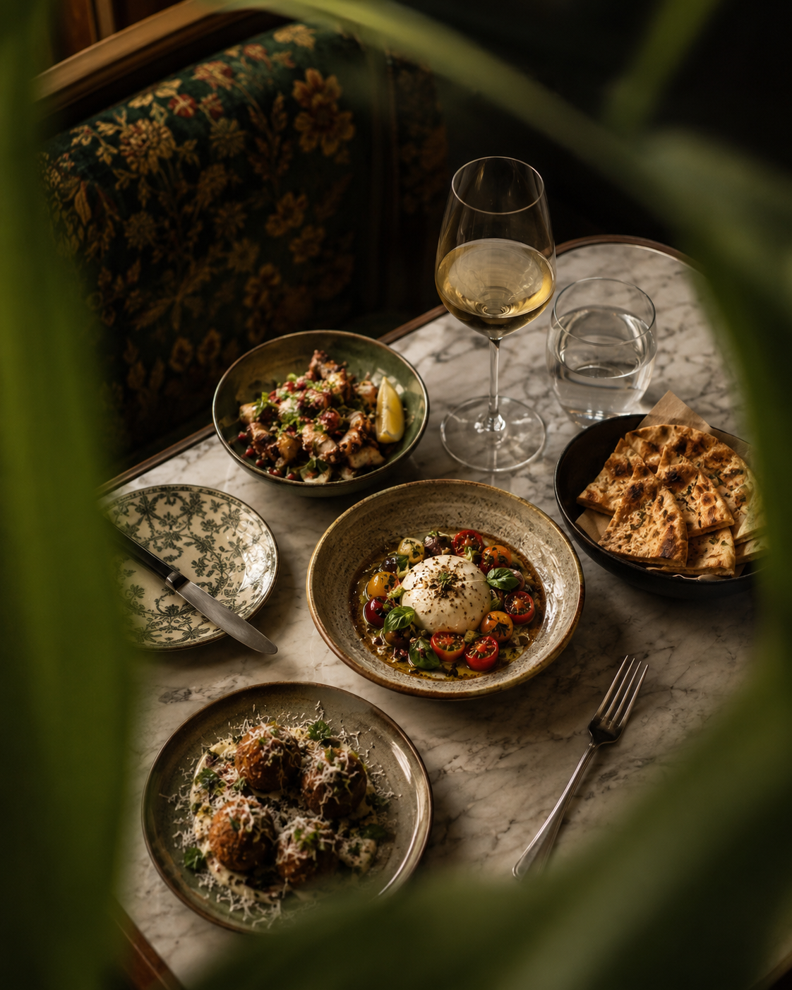 Burrata spread framed through foliage