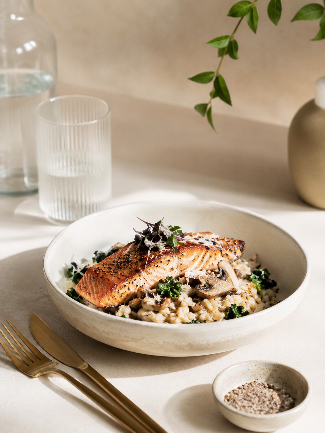 Seared salmon over mushroom risotto