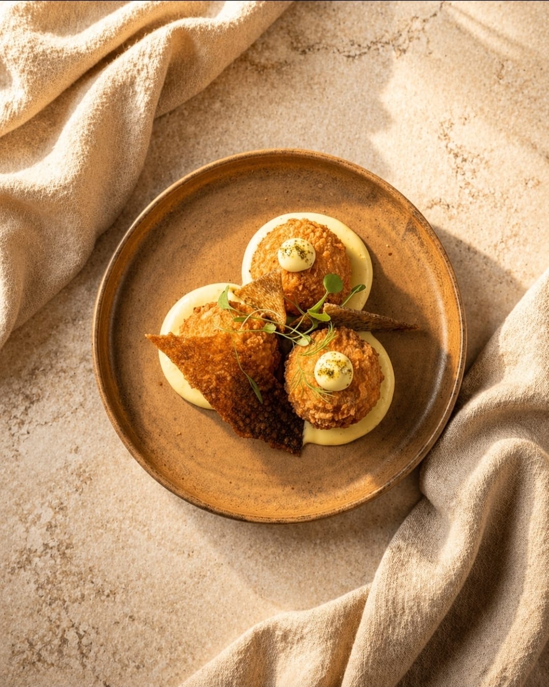 Golden croquettes on a terracotta plate