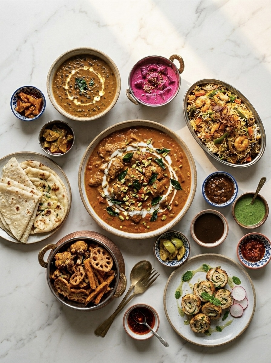 Overhead Indian feast spread on white marble
