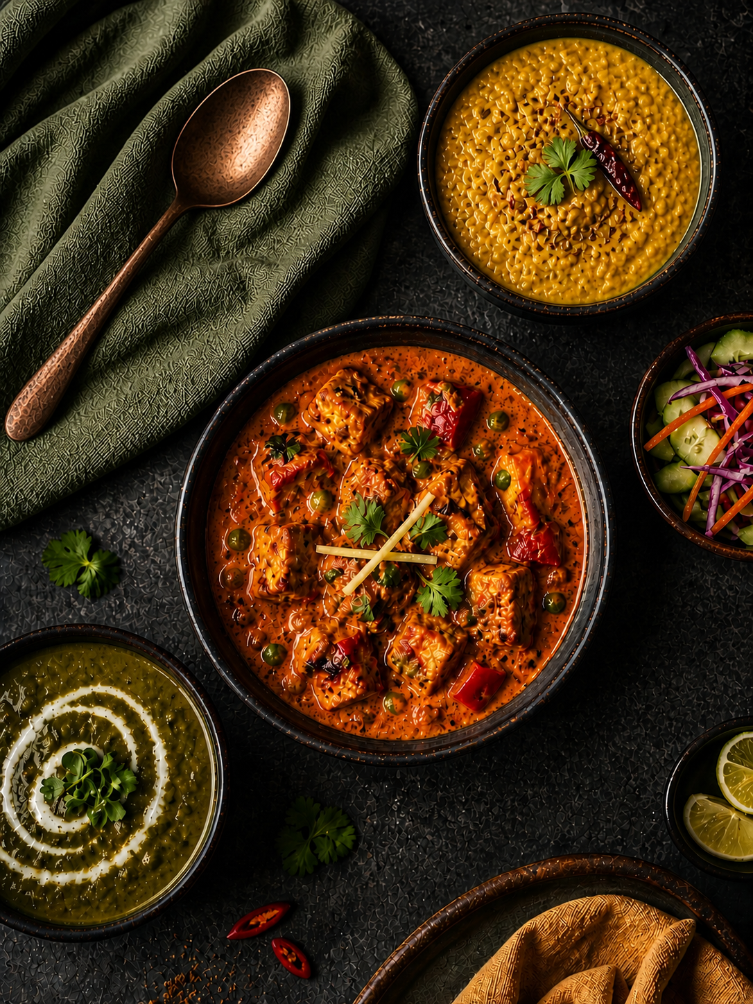 Paneer curry spread with dals and salad