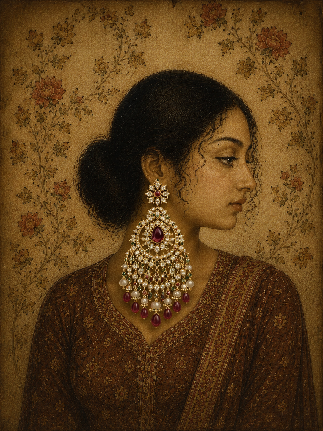 Miniature portrait, ruby earring